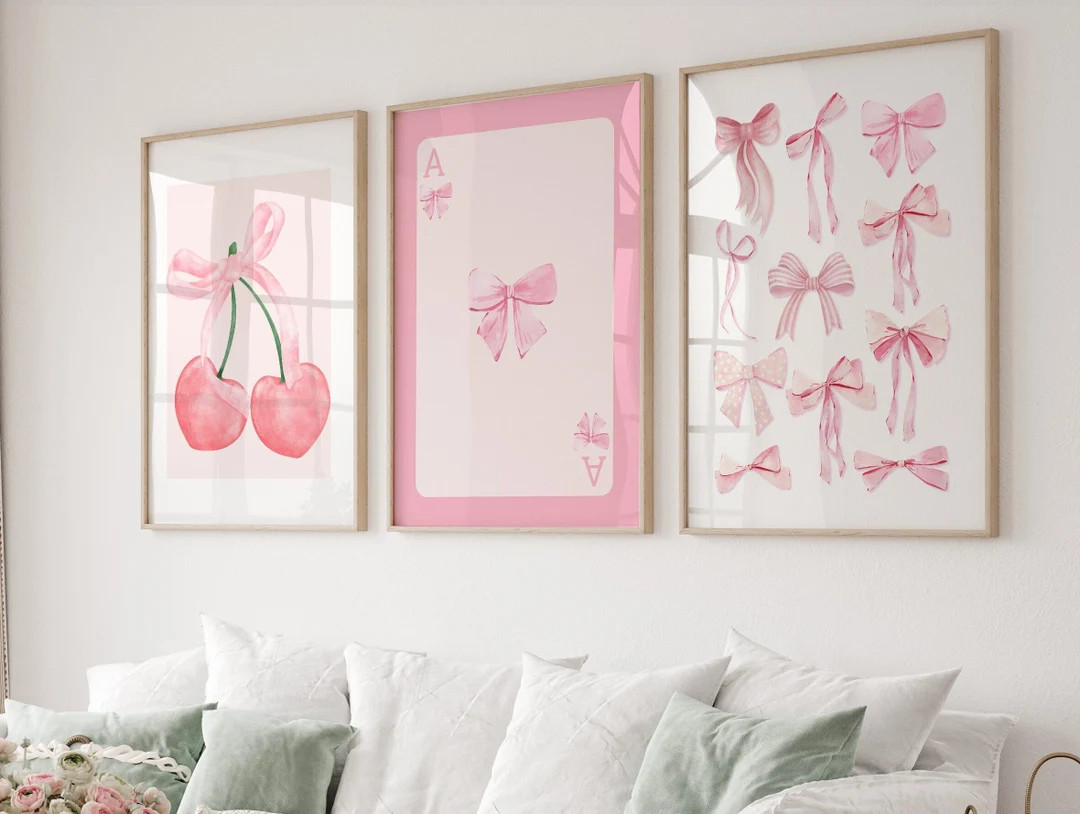 Trendy Pink Bows Wall Art Set of 3, Preppy poster, College Apartment Decor, Watercolor Bows Print... | Etsy (UK)