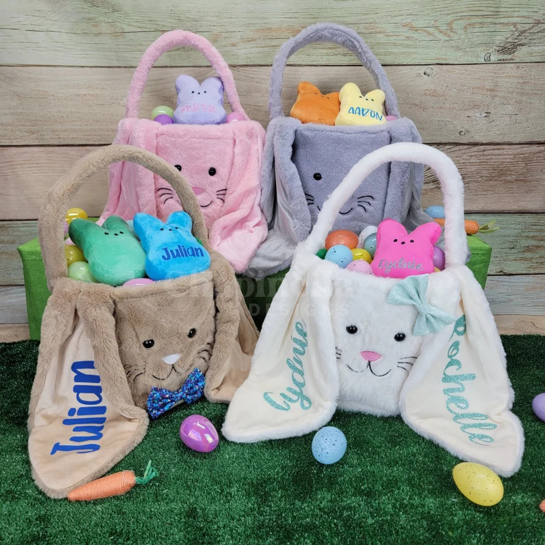 Personalized Lux Long Ear Bunny Easter Basket, Cute Plush Minky Egg Hunt Bag, Kids Easter Custom ... | Etsy (US)