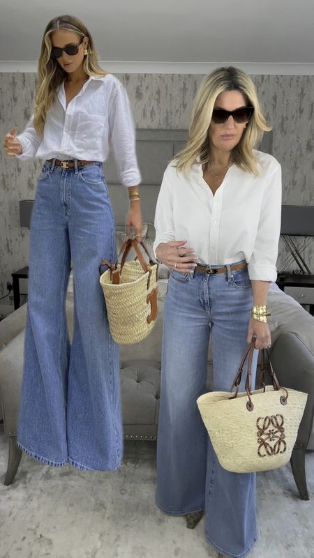 totally Influenced Style - a simple but classic outfit - white shirt and flare jeans.  The basket bag adds a bit of summer to the outfit but the shoes keep it warmer! 🤍

Im in the size 27 jeans 🤍 

#LTKstyletip #LTKSeasonal #LTKeurope
