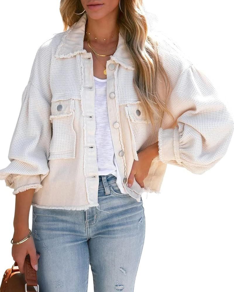 Women's Fall Casual Cropped Waffle Knit Jacket Button Down Spliced Denim Shacket Tops | Amazon (US)