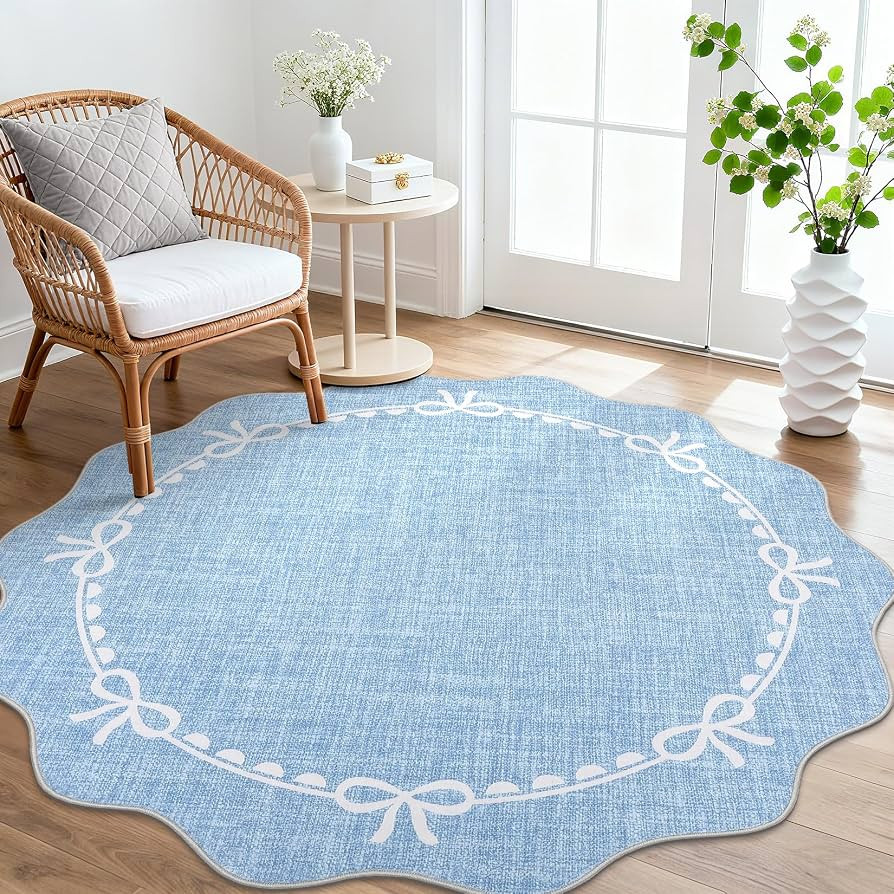 GarveeHome Scalloped Bow Rug for Living Room, 6ft Round Rugs Washable Solid Blue Rug for Dorm Sof... | Amazon (US)