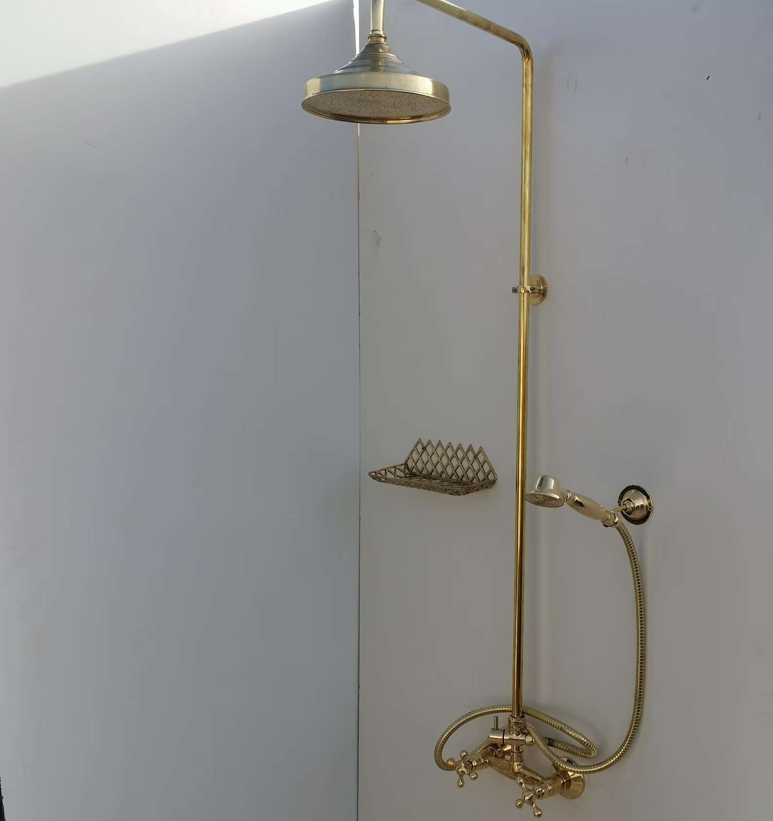 Unlacquered Brass Outdoor Shower System With Handheld & Round Shower Head Engraved Antique Polish... | Etsy (US)