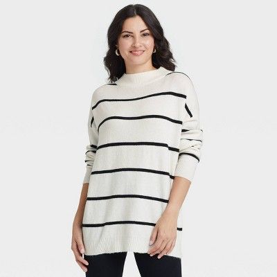Women&#39;s Slouchy Mock Turtleneck Pullover Sweater - A New Day&#8482; Cream Striped S | Target