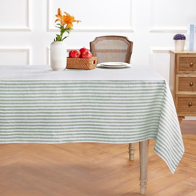 Solino Home Stripe Linen Tablecloth - Green and White, 100% Pure Linen 60 x 90 Inch Tablecloth - ... | Amazon (US)
