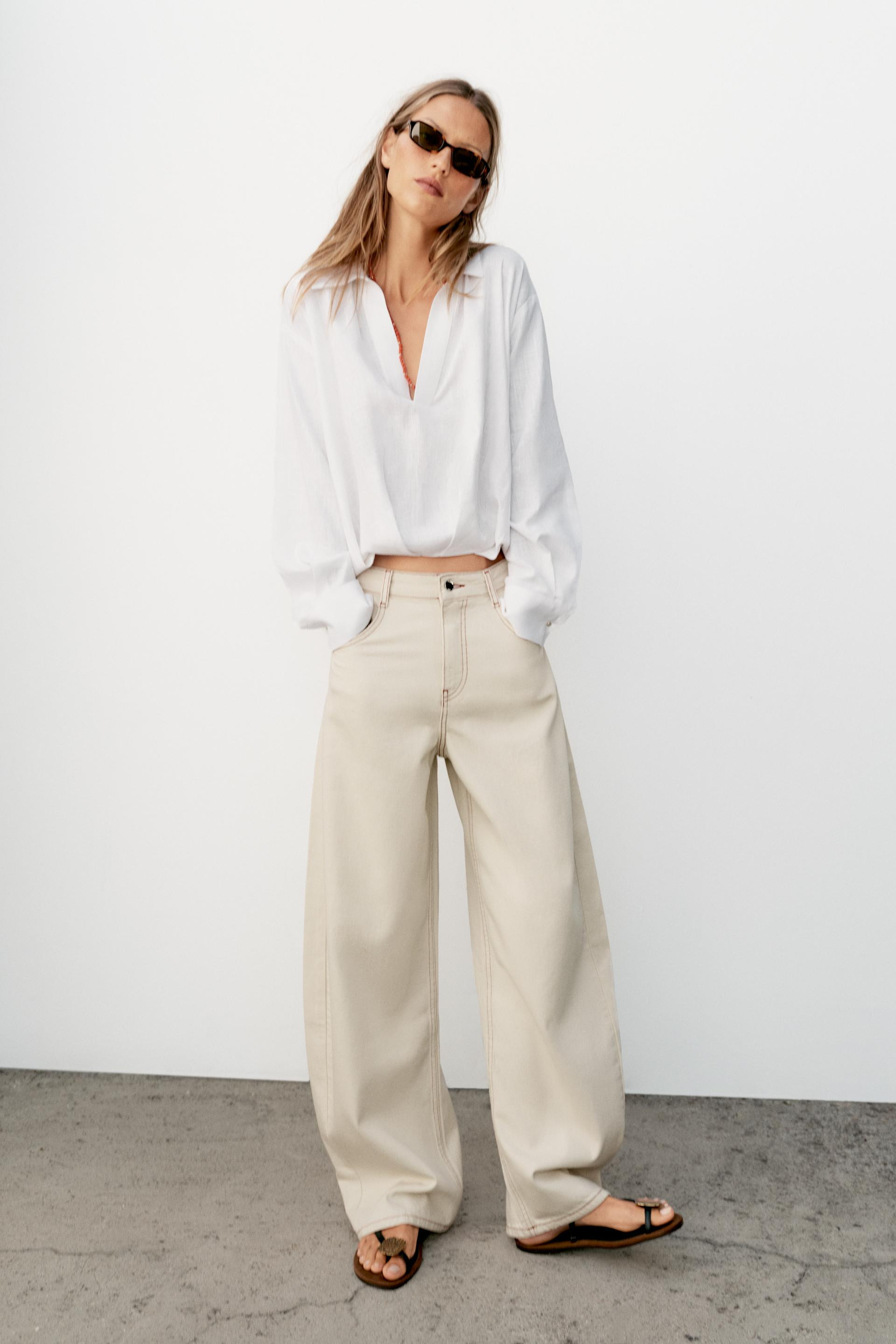 Zara - Z1975 Mid-Rise Barrel Jeans - Ecru - 31 (Us 12) - Woman | Zara US