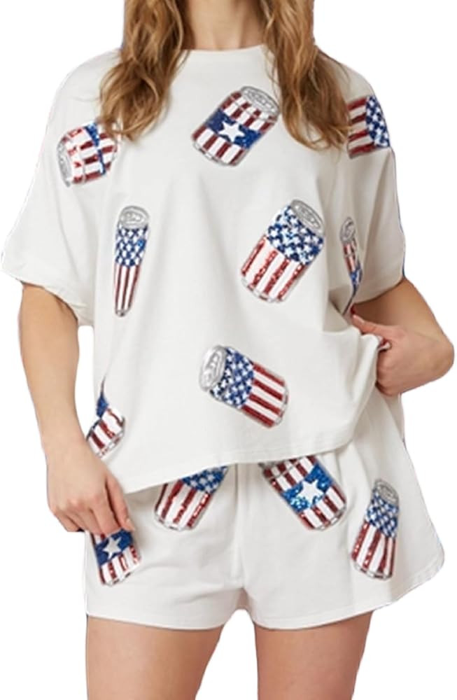 Luckinbaby Women Independence Day Sequins Outfits American Flag Loose T-Shirt Baggy Shorts 4th of... | Amazon (US)