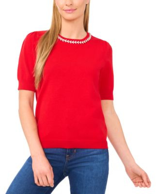 Women's Embellished Neck Trim Short Sleeve Sweater Top | Macy's