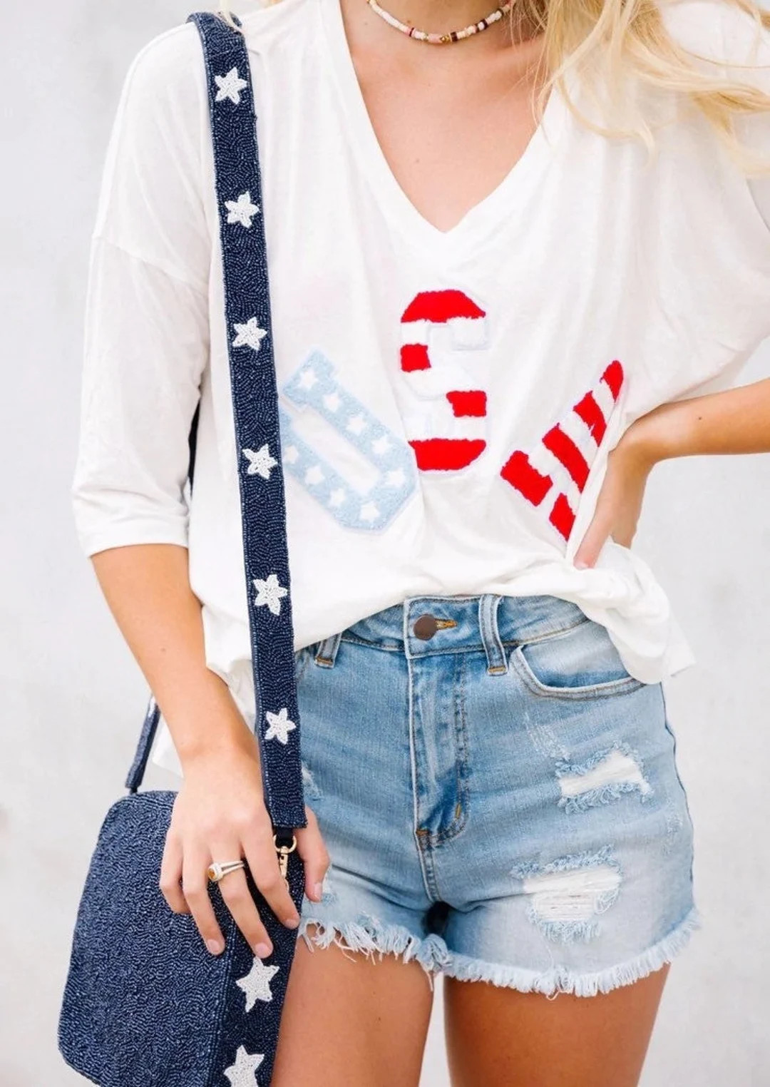 Navy Box Bag Purse With Stars Strap / Beaded / Zipper Closure / Handmade Seed Beads / Gold Hardwa... | Etsy (US)