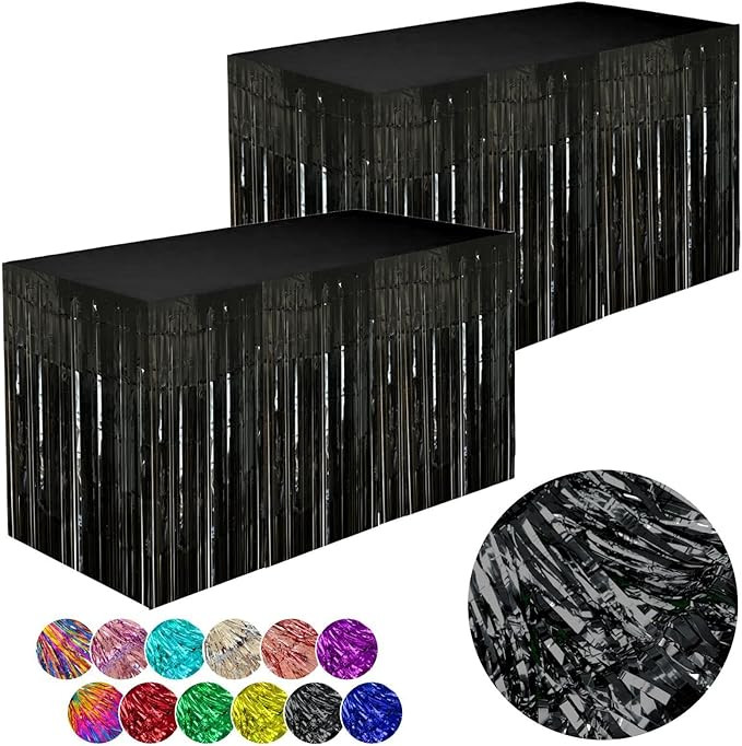 2 Packs Black Metallic Foil Fringe Tinsel Table Skirts for Rectangle Tables 6ft 8ft Streamer Curt... | Amazon (US)