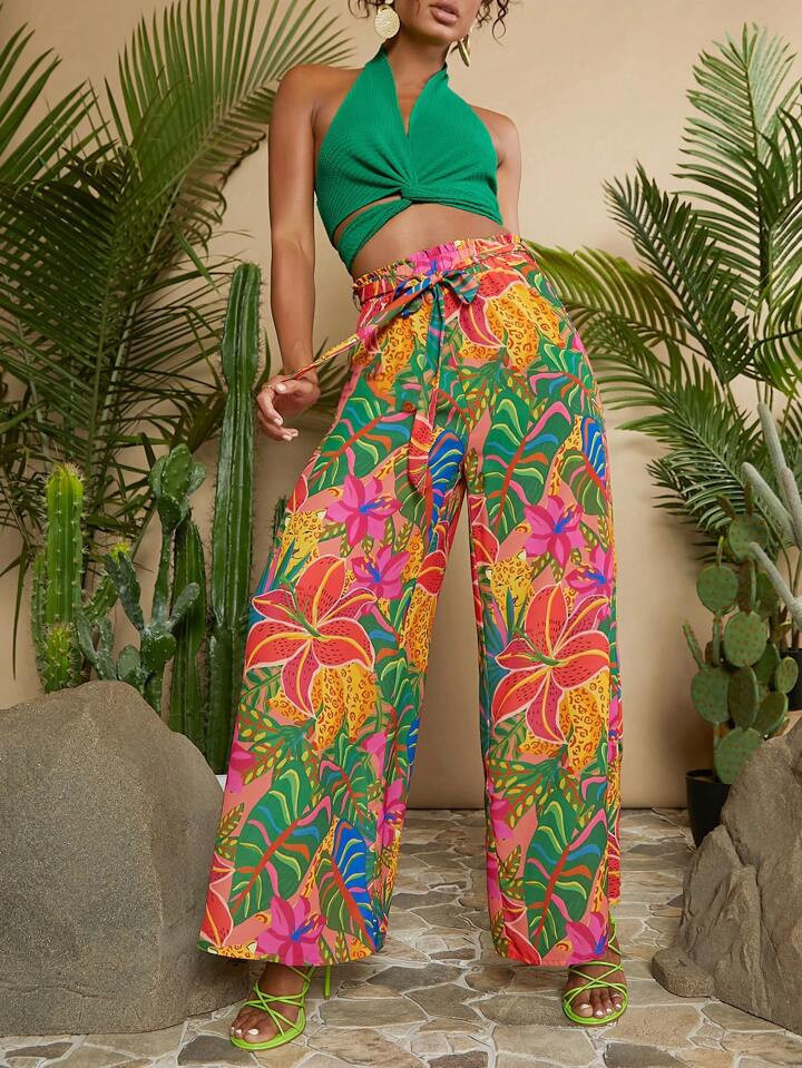 SHEIN VCAY Tropical Print Belted Wide Leg Pants | SHEIN