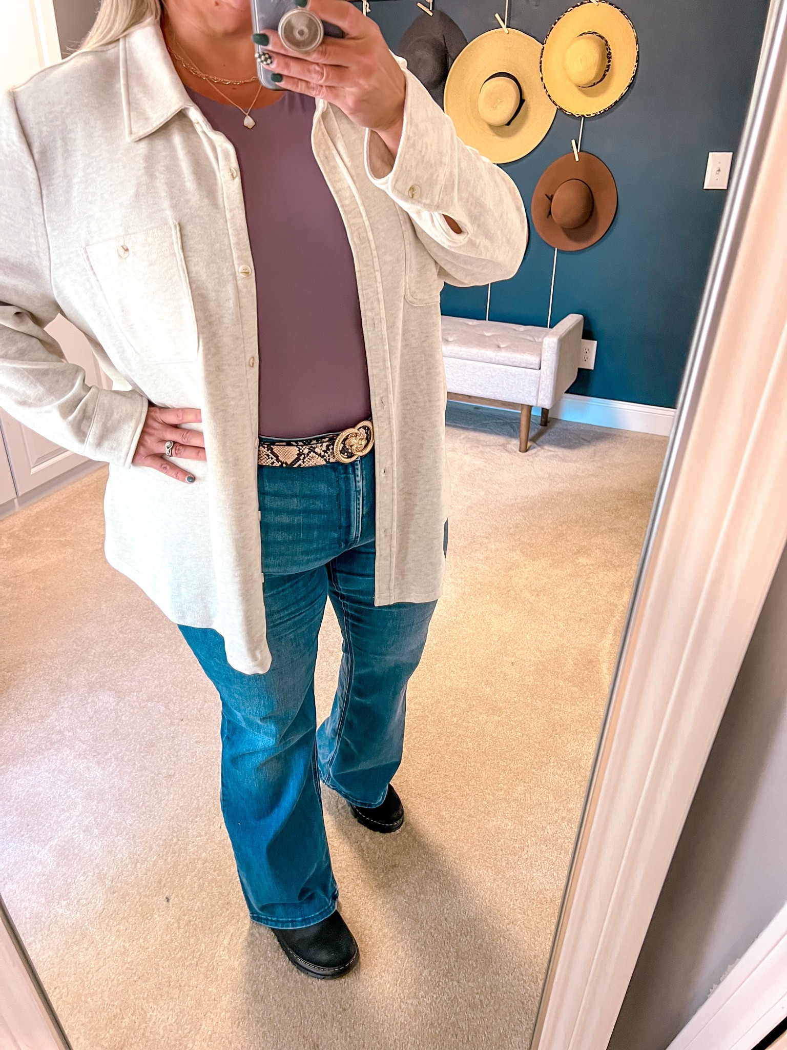 Flare jeans outfit with bodysuit and shacket 

#LTKPlusSize #LTKOver40 #LTKSeasonal