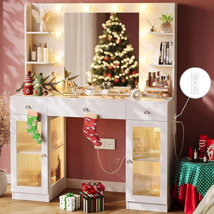 Makeup Vanity with Glass Top, White Vanity Desk with Mirror and Lights, Big Vanity with Drawers &... | Amazon (US)