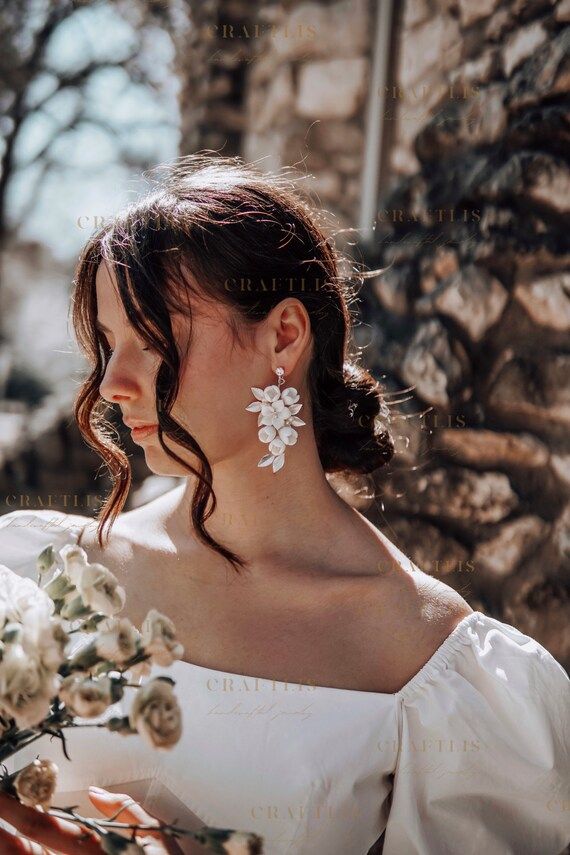 Floral wedding earrings, bridal earrings, flower bridal jewelry, floral drop earrings, white flor... | Etsy (US)
