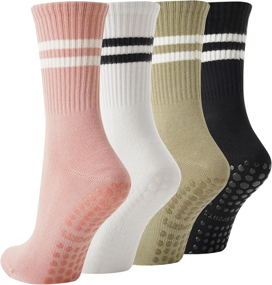 4 Pairs Pilates Socks with Grips for Women, Non Slip Yoga Socks, Athletic Crew Socks Ballet Barre... | Amazon (US)