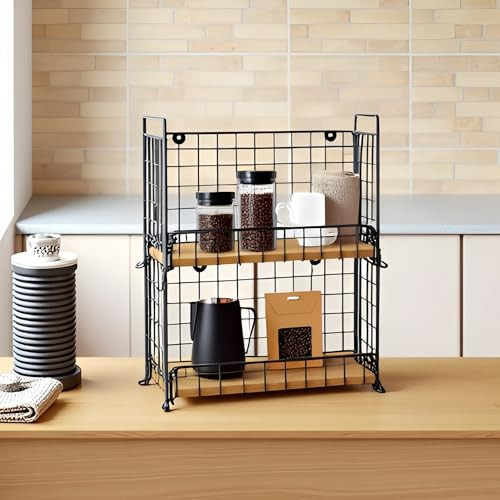 TIEYIPIN 2-Tier Stackable Metal Wire Hanging Baskets, Fruit Basket,Snack Station for Countertop, Coffee Bar Storage Organizer with Detachable Wooden Base, Rustic Farmhouse Counter Shelf - Black | Amazon (US)