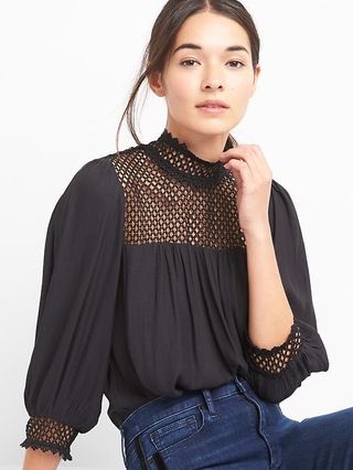 Gap Womens Diamond-Crochet Mockneck Shirt True Black Size L | Gap US