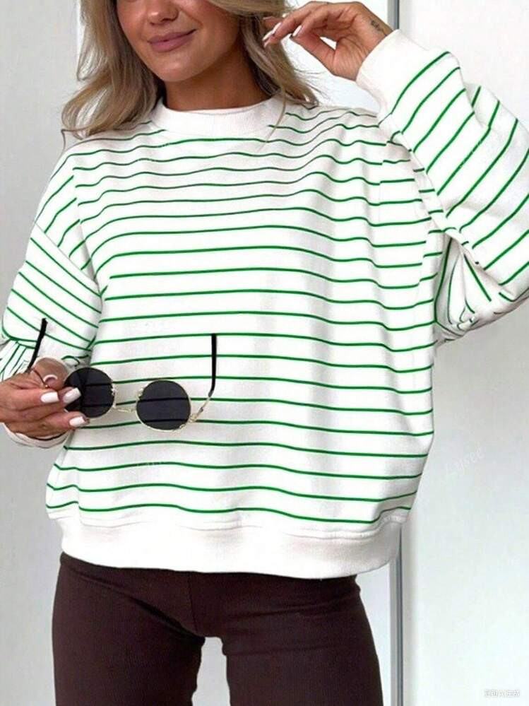 Women's Casual Black & White Striped Long Sleeve Sweatshirt, Comfortable & Minimalist Style, Autu... | SHEIN