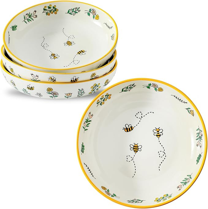 8.5" Ceramic Pasta Bowls Set of 4, Large Dinner Plates and Bowls for Kitchen, Hand Painted yellow... | Amazon (US)