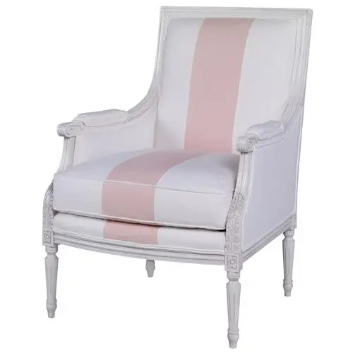 Augusta French White Pink Linen Stripe Wood Occasional Arm Chair | Kathy Kuo Home