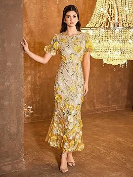 Women's 3D Floral Embroidery Dress Ruffle Sleeve Fishtail Lace Bodycon Party Cocktail Mini Dress | Amazon (US)