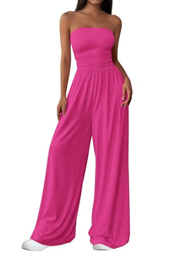 PRETTYGARDEN Womens Trendy Strapless Rompers 2026 Ruched Tube Top Wide Leg One Piece Jumpsuits Be... | Amazon (US)