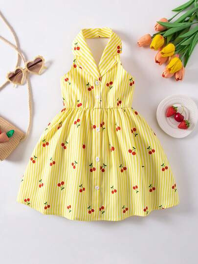 SHEIN Casuvi Kids Girls Summer New Fashionable Polo Collar Halter Backless Waist Cinched Sweet Ve... | SHEIN