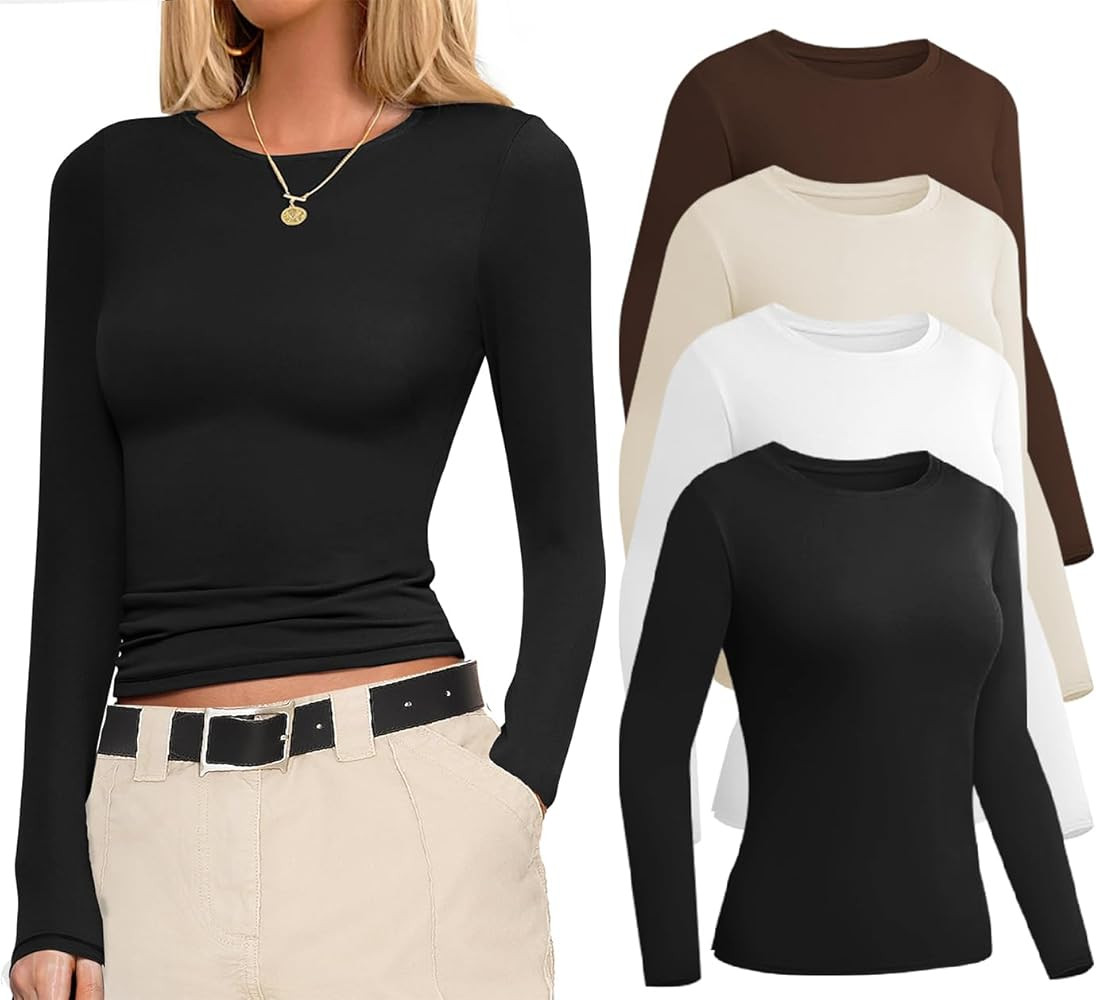 Ekouaer 4 Pack Women's Long Sleeve Basic Shirts Fitted Workout Tops Athletic Underscrubs Undershi... | Amazon (US)