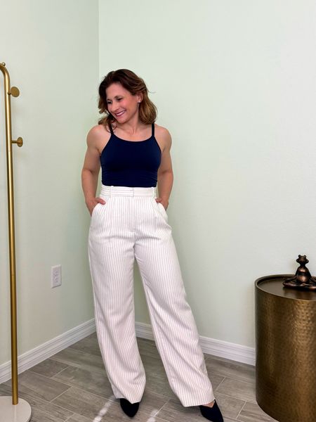 pants for petites (vertical lines help us look elongated) - I'm 4'10" and I did decide after this photo to have to hem these petite size pants up one inch.

#LTKover40 #LTKworkwear #LTKstyletip