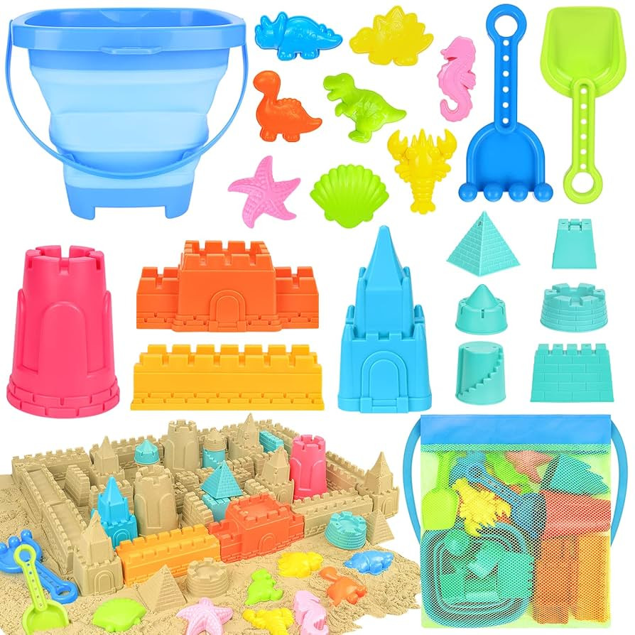 Collapsible Beach Toys for Kids Toddlers, Collapsible Sand Bucket and Shovels Set with Mesh Bag,T... | Amazon (US)