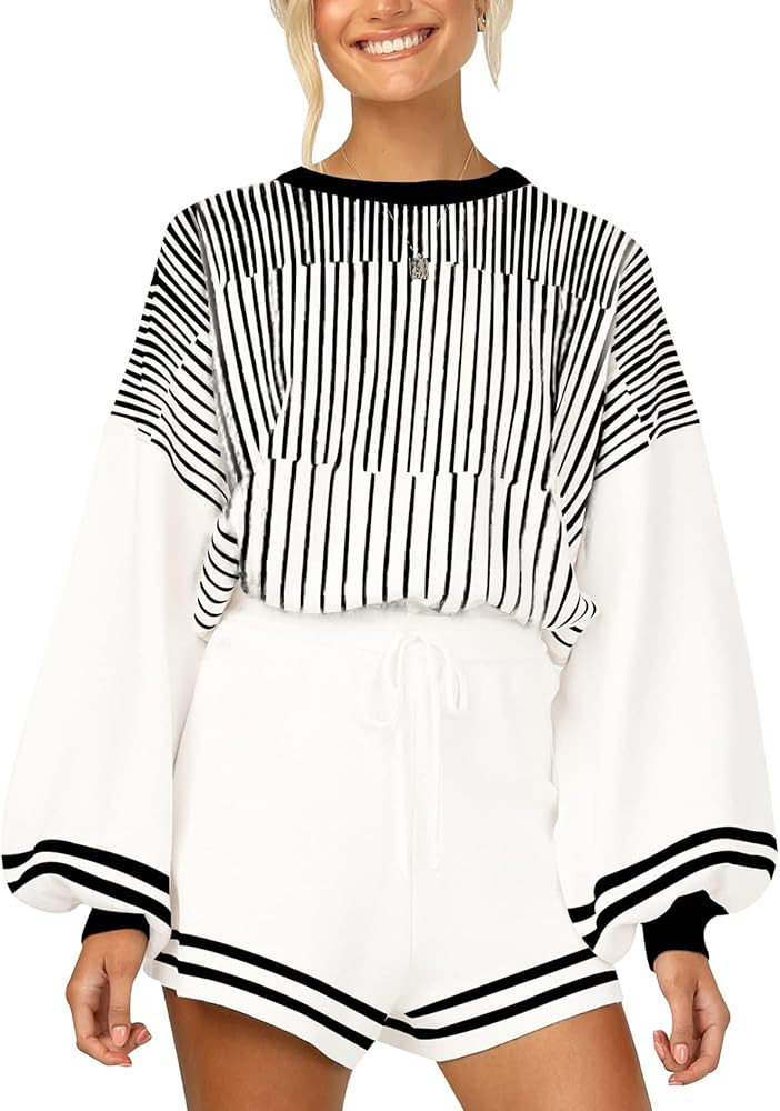 Arssm Casual Striped 2 Piece Knitted Outfits for Women Crewneck Wide Leg Knit Pullover Tops Draws... | Amazon (US)