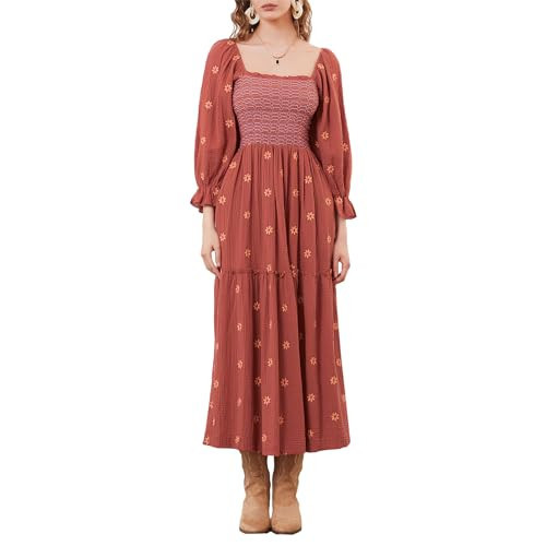 Women's Boho Floral Embroidered Maxi Dress Square Neck Smocked Long Puff Sleeve A Line Tiered Long Dress (Flower Embroidered Burnt Orange, M) | Amazon (US)