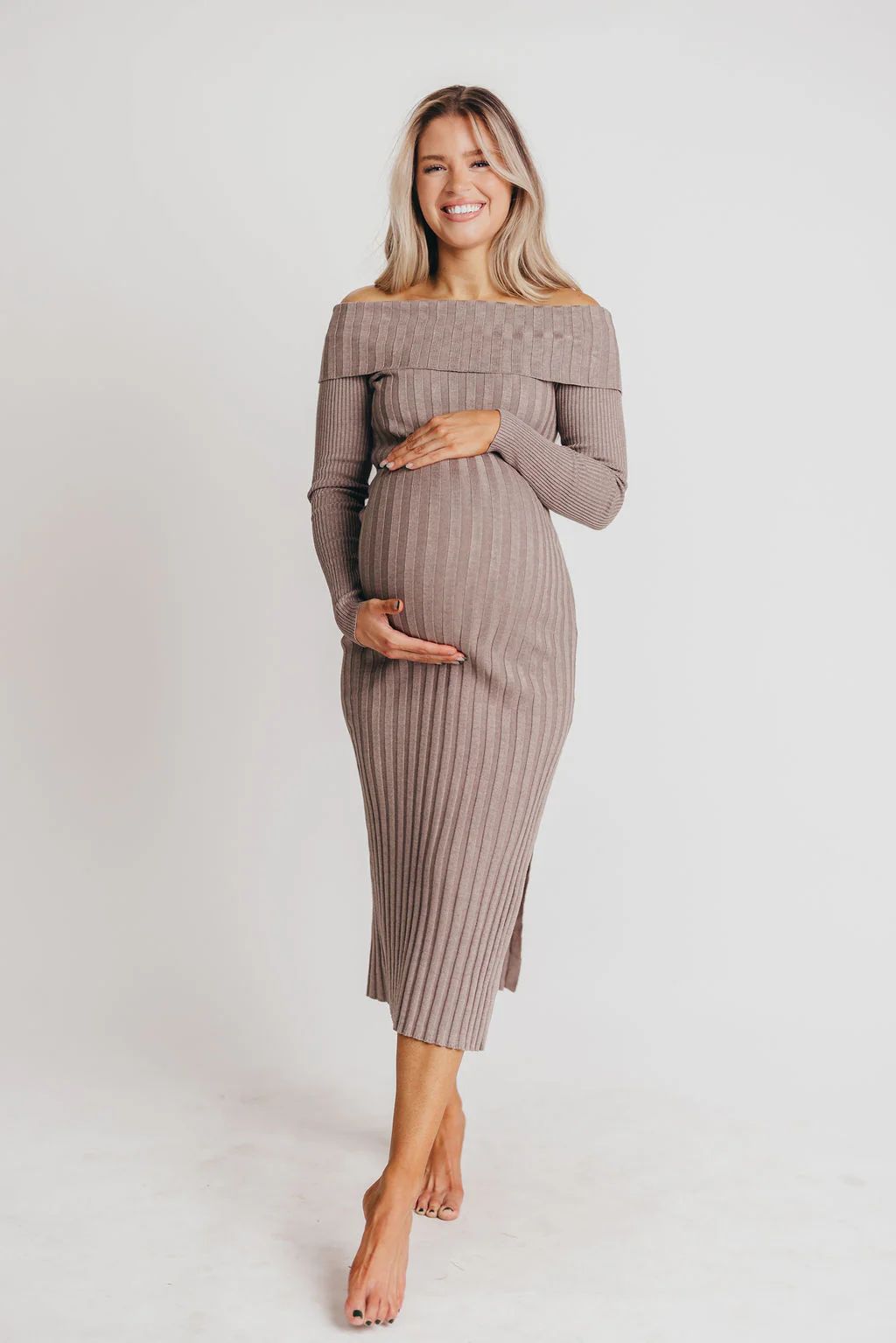 Natalia Off-the-Shoulder Sweater Maxi Dress in Taupe - Bump Friendly | Worth Collective