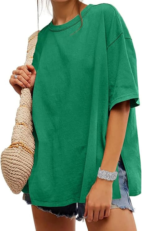 UNCLECAT Womens Oversized T Shirts Summer Trendy Short Sleeve Crew Neck Tops Loose Fit Side Slit ... | Amazon (US)