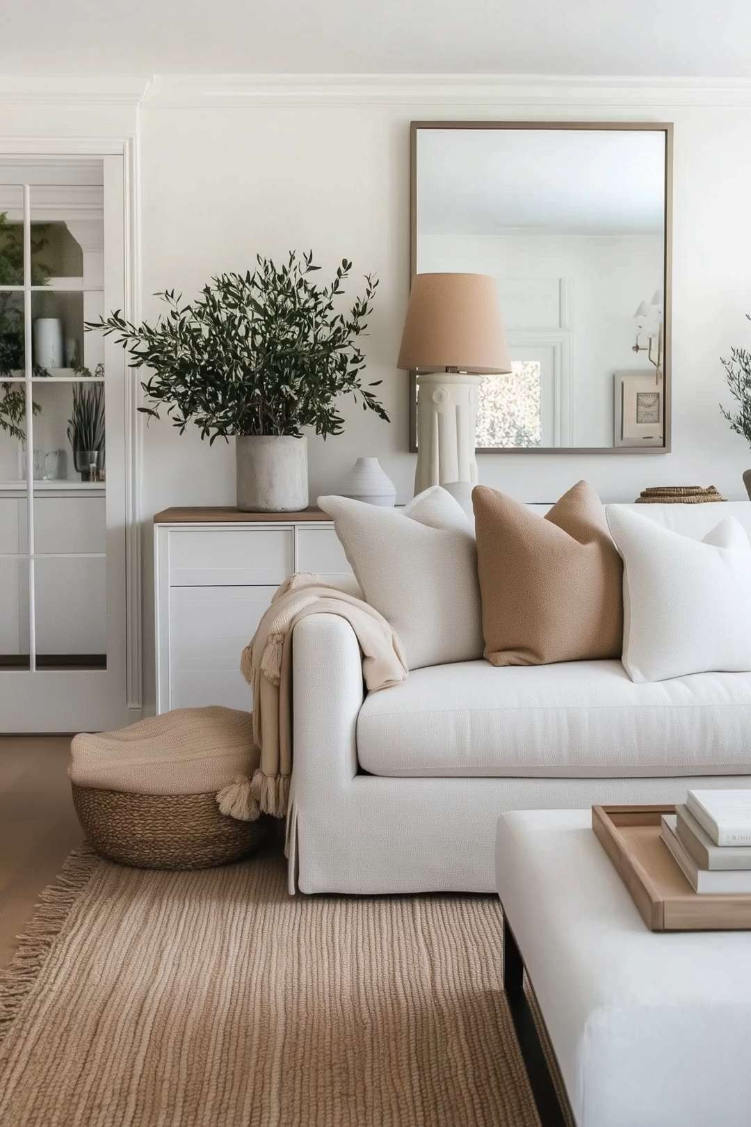 Airy Neutral Living Room — a bright organic modern space with a crisp white sofa, camel boucle pillows, and a tasseled knit throw layered over a ribbed wool rug. A clean-lined console styled with a square brass mirror, pedestal table lamp, and concrete planters of olive branches adds height and texture, while a woven lidded basket and upholstered ottoman with a wood tray keep the room cozy, collected, and functional.

🖤 If you want to see more content like this, FOLLOW maeveandmodern on LTK, Instagram, and Pinterest! Check out our blog where we post daily, maeveandmodern.com!

Neutral living room | Organic modern decor | White sofa | Camel throw pillows | Knit tassel throw | Ribbed wool rug | Square brass mirror | Pedestal table lamp | Olive tree branches | Concrete planter | Minimal white console | Woven basket ottoman | Upholstered ottoman coffee table | Styling with trays | Light wood floors | Calm airy home | Warm earthy tones | Layered neutrals
  

 

#LTKHome #LTKSaleAlert #LTKFindsUnder100 #LTKSeasonal #LTKHome #LTKSaleAlert