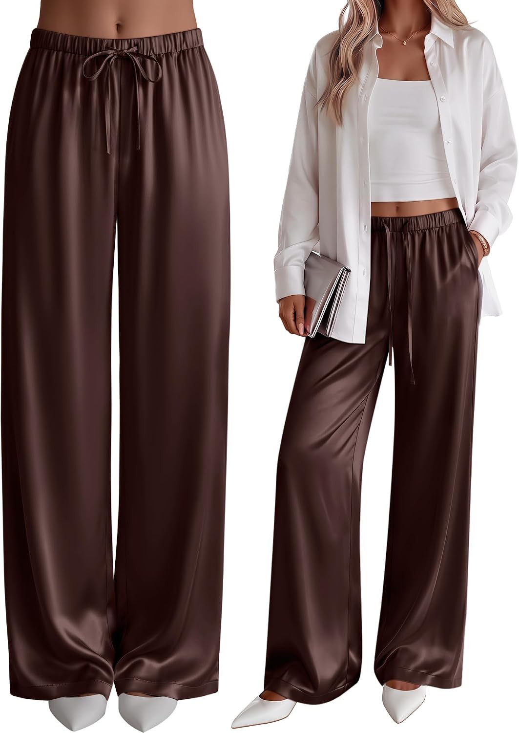 Neer Women's Wide Leg Satin Pants with Pockets | Amazon (US)