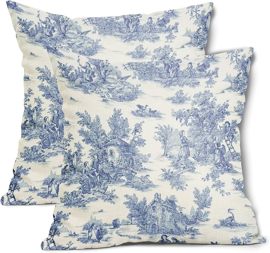 aportt French Country Pillow Covers Set of 2 18x18 Inch Vintage Toile Blue Cotton Linen Polyester... | Amazon (US)