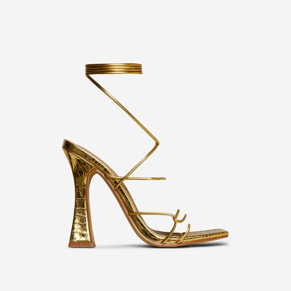 Waves Lace Up Strappy Square Toe Flared Block Heel In Gold Croc Print Faux Leather | EGO (UK)
