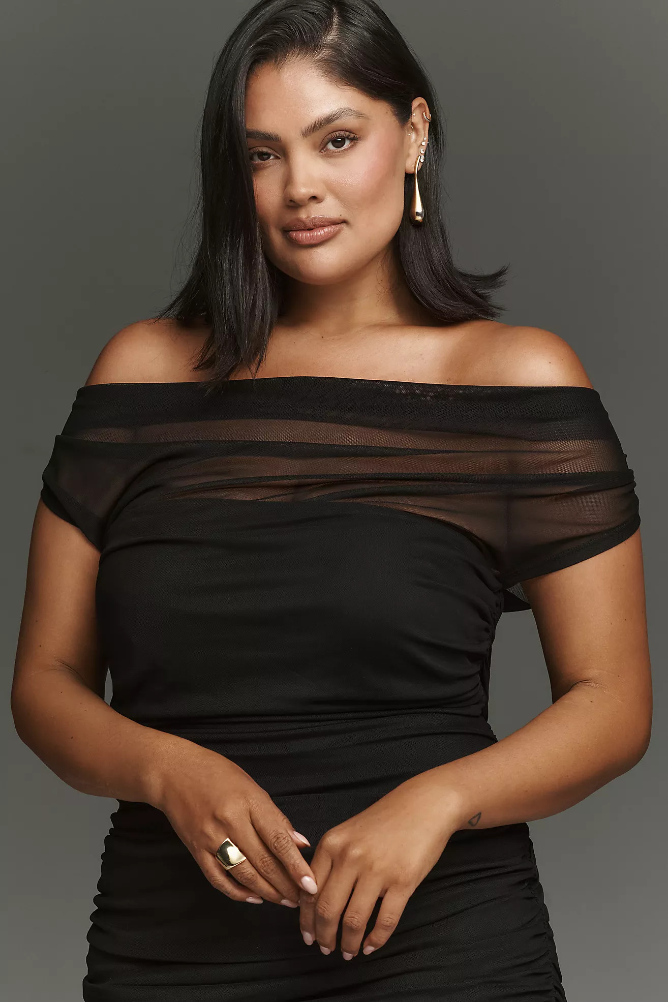 Loretta Off-Shoulder Mesh Slim Midi Dress | Anthropologie (US)