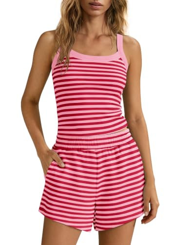 Yanekop Womens Striped Lounge Set 2 Piece Short Sets Summer Matching Pajamas Loungewear Tank Top and Shorts With Pockets(Pink Combo,M) | Amazon (US)