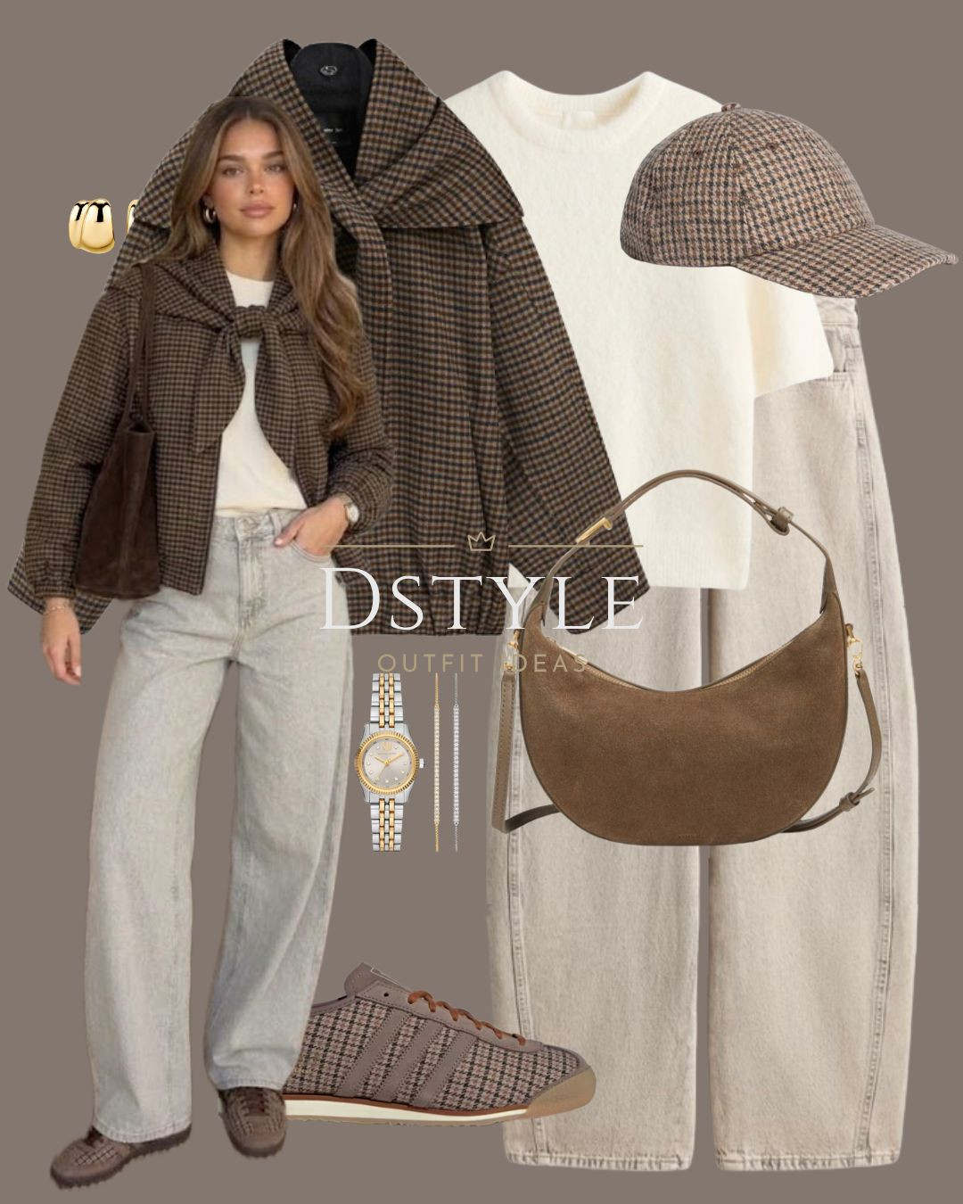 Cozy textures and heritage prints. Pairing a houndstooth scarf jacket with cream denim, a suede shoulder bag, matching baseball cap, and low-top sneakers.

Casual Fall Outfit

#LTKootd