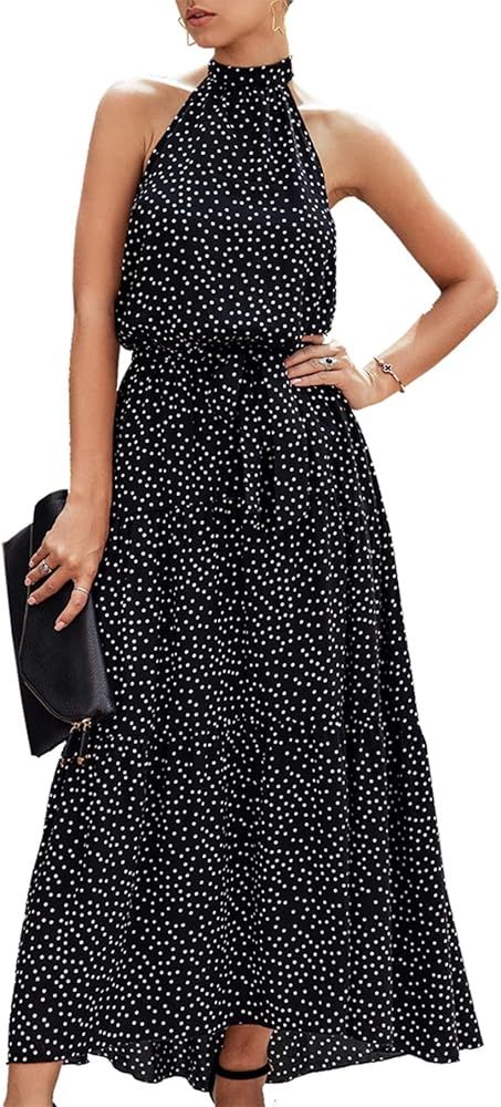 Women’s Casual Halter Neck Sleeveless Floral Long Maxi Dress Backless Loose Ruffle Sundress wit... | Amazon (US)