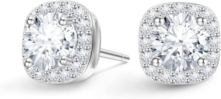 Moissanite Halo Earrings Lab Created Diamond 18K White Gold Plated 925 Sterling Silver Studs for ... | Amazon (US)