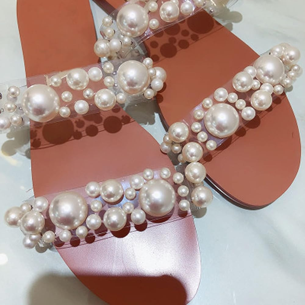 Sandals for Women Casual Summer Bohemian Womens Flat Sandals Pearl Sandals Rhinestone Sandals Women  | Amazon (US)