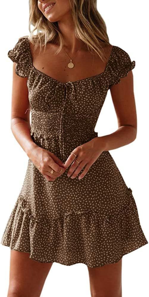 Valphsio Womens Smocked Dress Ruffle Floral Tie Front Boho Short Dresses | Amazon (US)