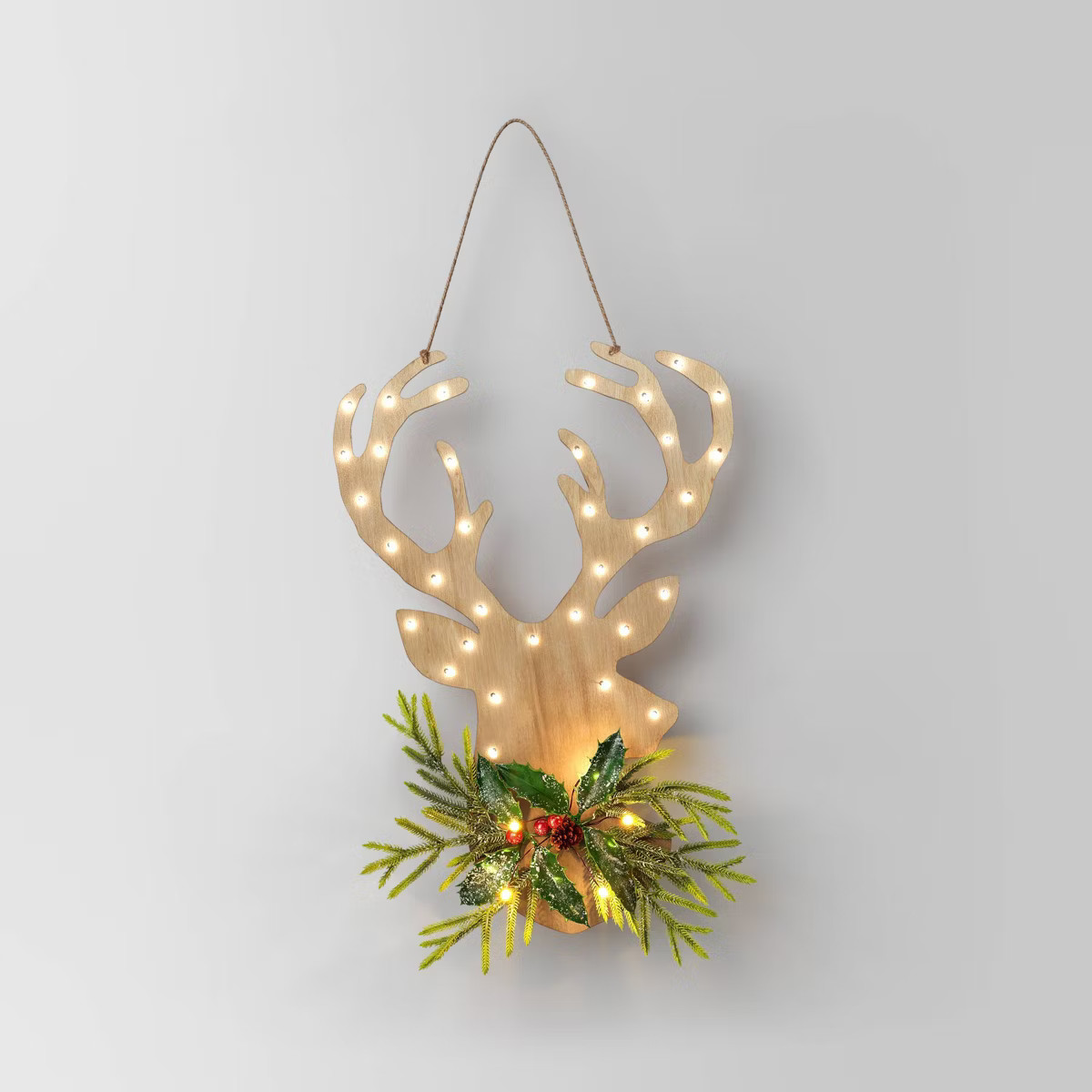 16" LED Hanging Wood Reindeer Head with Greenery Christmas Novelty Silhouette Light Warm White - ... | Target