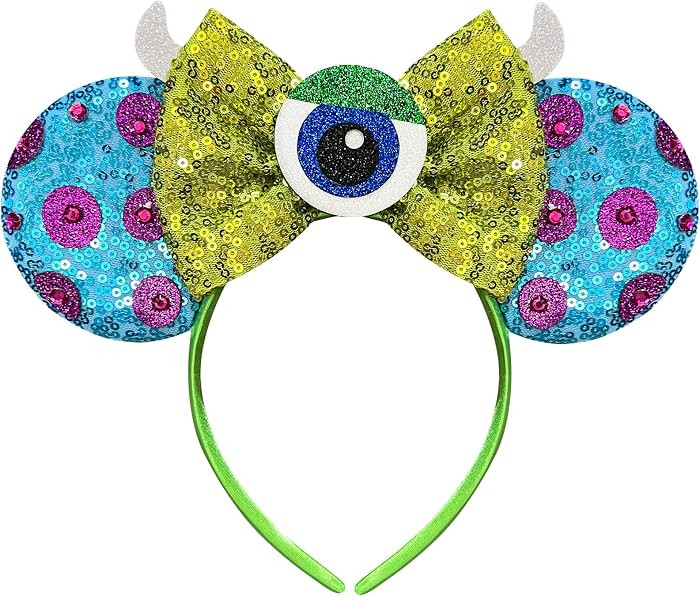 Trnerm Monster Mouse Ears Headband for Adult Green Bows Blue Sequin Ears | Amazon (US)