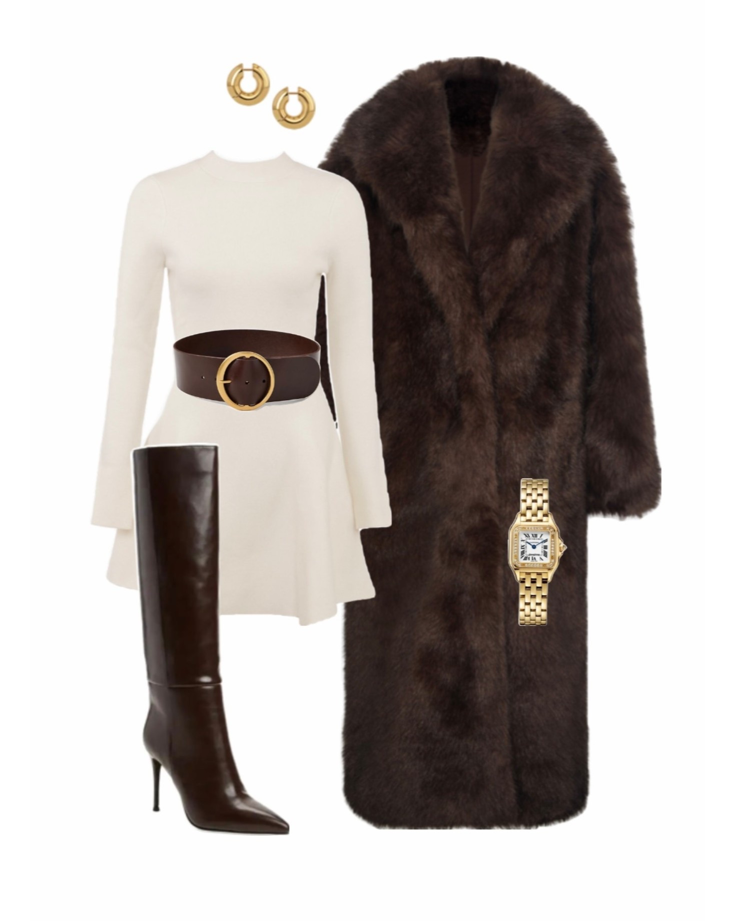 Mink brown fur coat outfit idea, new house of cb knit dress, cream dress, how to style knee high boots, brown knee high boots 

#LTKSeasonal