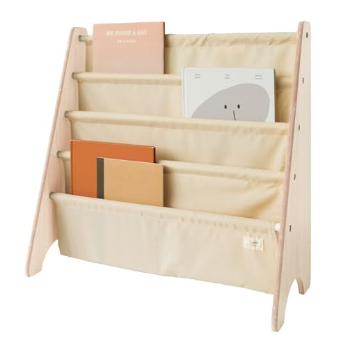3 Sprouts Recycled Fabric Kids Bookshelf – 4-Tier Sling Book Rack Organizer - Nursery Room Playroom Classroom Wooden Book Shelves - Kid Bookcase Wood Storage Shelf for Toddler Age 3+ - Beige | Amazon (US)