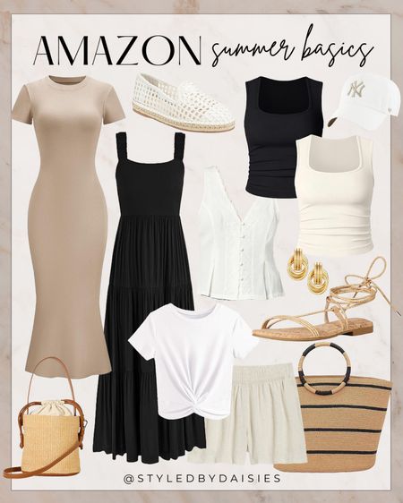 Amazon summer basics to add to your closet this season! 

#amazonstyle

Amazon style. Amazon fashion. Amazon neutral summer style. Amazon basics. Amazon summer dress. Black summer maxi dress. Neutral skims inspired dress. White knot front tee. Black striped straw tote. Basic tank top. White Yankees baseball cap. Lace up sandals. Straw bucket bag. White lace shell top. Viral gold earrings. white espadrilles. Linen shorts  

#LTKSeasonal #LTKFindsUnder100 #LTKStyleTip