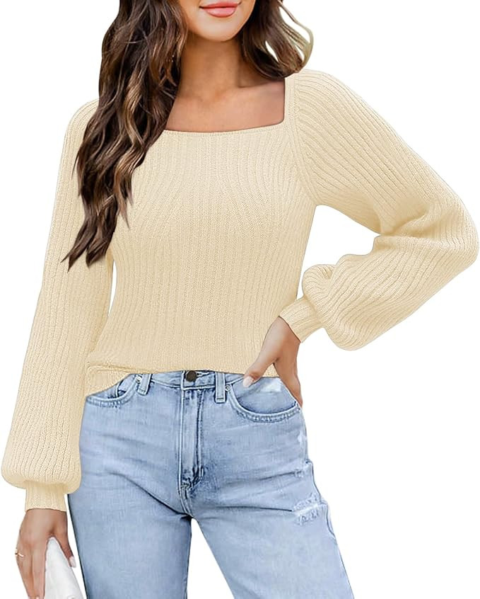 DOROSE Women's Puff Long Sleeve Sweaters Square Neck Casual Knit Pullover Sweater | Amazon (US)